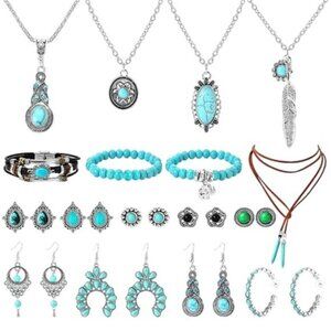 49 Piece Gold Plated Turquoise Jewelry Set Necklace Bracelet Earrings